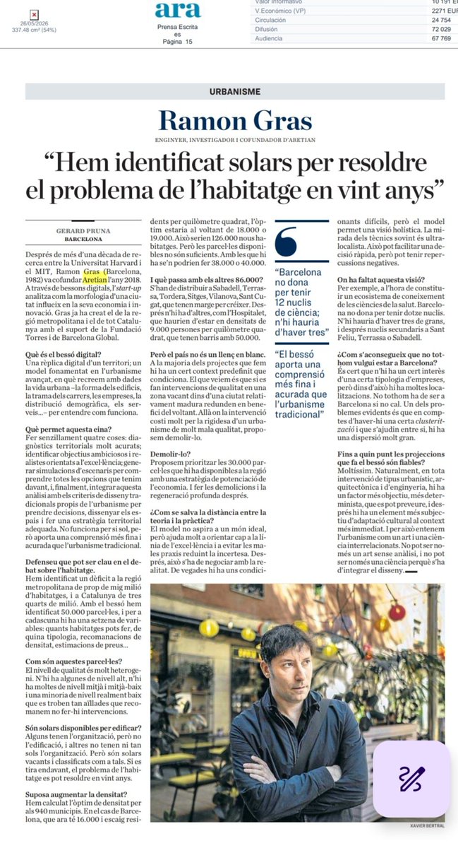 RamonGrasAloma's tweet photo. Entrevista amb @gerardpruna per al @diariARA sobre el model d'urbanisme avançat del Bessó Digital Metropolità de Barcelona, ara estès arreu de Catalunya, i com l'harmonització d'art i ciència en l'urbanisme permetrà resoldre el repte de l'habitatge, així com orientar l'impuls de l'economia del coneixement arreu del país, entre d'altres reptes.

Nascut el 1984. La resta copsa força eloqüentment la conversa. Gràcies de nou, Gerard i equip, per la vostra invitació.