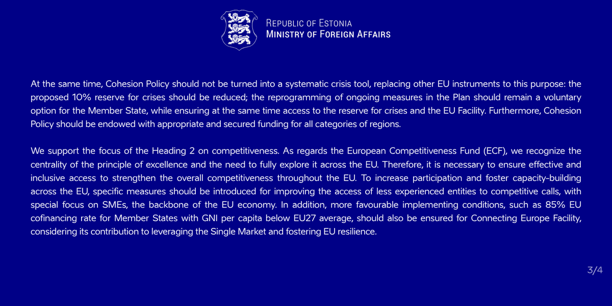 Tsahkna's tweet photo. Estonia, together with 15 other countries of the Friends of Cohesion Group, agreed on a joint declaration on the next EU Multiannual Financial Framework 2028–2034 #MFF.

A stronger, safer and more competitive Europe needs financing that matches today’s geopolitical realities. https://t.co/bVDJVdVodO