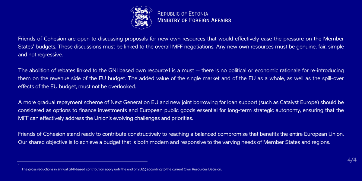Tsahkna's tweet photo. Estonia, together with 15 other countries of the Friends of Cohesion Group, agreed on a joint declaration on the next EU Multiannual Financial Framework 2028–2034 #MFF.

A stronger, safer and more competitive Europe needs financing that matches today’s geopolitical realities. https://t.co/bVDJVdVodO