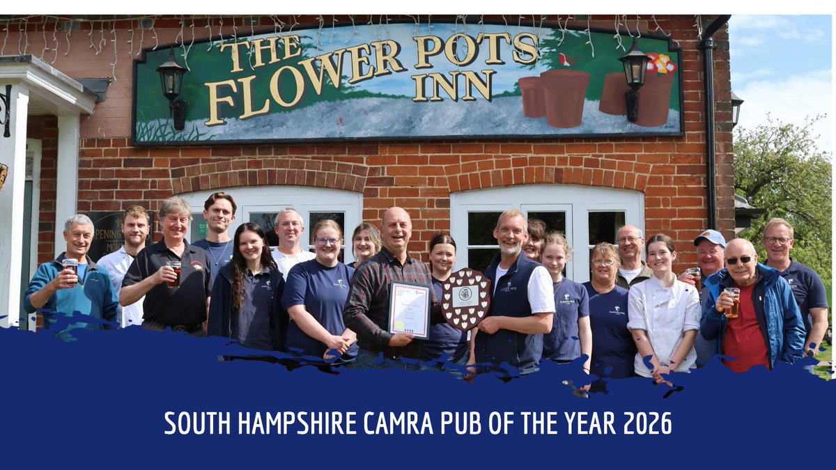 FlowerPotsBrew's tweet photo. PUB OF THE YEAR 2026 - staff and customers were recently joined by South Hampshire CAMRA Members to celebrate receiving the Pub of The Year 2026 award for South Hampshire. https://t.co/3FDnJI9K8N