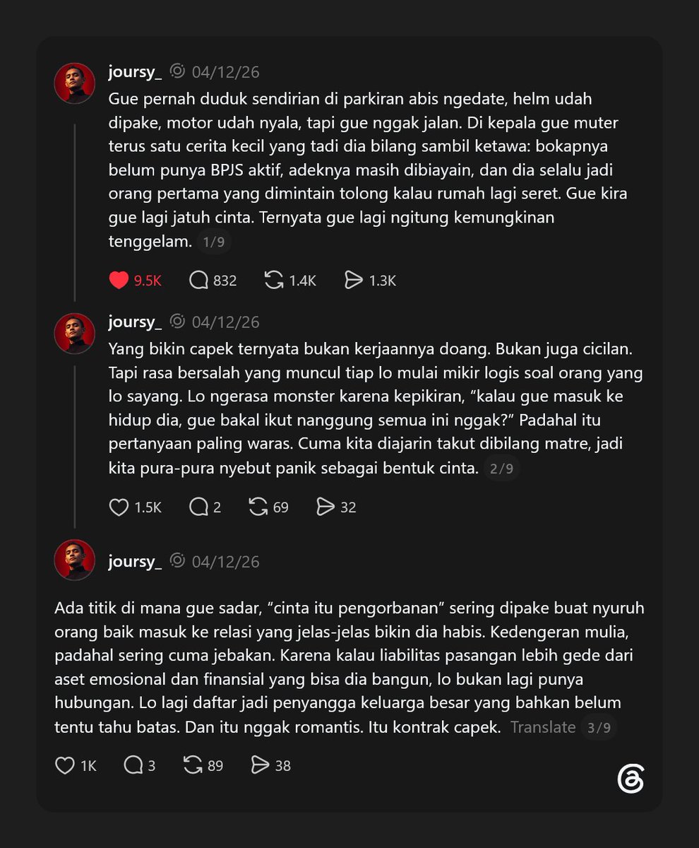 jo_arsy's tweet photo. orang bilang “kalau cinta pasti bisa diperjuangkan.”

iya, tapi kadang yang diperjuangkan bukan cuma hubungan.

ada orang tua yang harus dibantu.
adik yang masih sekolah.
utang keluarga.
gaji yang belum stabil.
diri sendiri yang juga belum selesai.

jadi wajar kalau ada yang takut nikah.
bukan nggak mau cinta.
cuma capek jadi penopang.