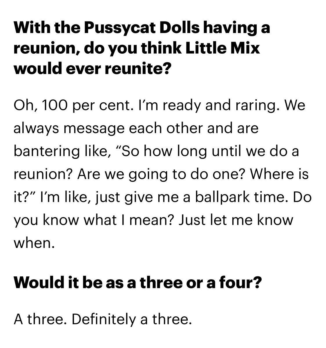 JADEtearoom's tweet photo. Perrie reveals whether Little Mix will reunite as a trio or a four-piece after confirming they “100 per cent” plan on a reunion:

“A three. Definitely a three.” https://t.co/o13vYrl5Nv
