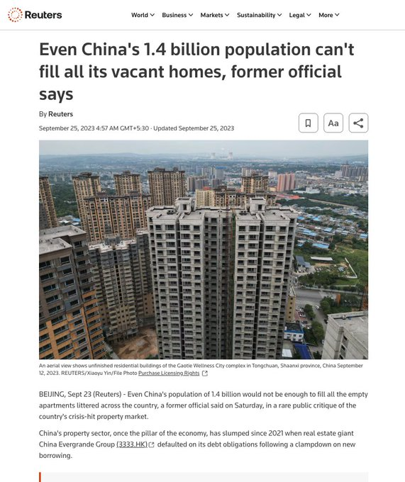 CSM_Monitor's tweet photo. China has a significant number of unoccupied houses and apartments.

Even if every one of the 1.4 billion people in China owned a house, it would still be impossible to fill all the vacant properties.

China has a $20 trillion GDP, thanks to such broken window economics.
#China https://t.co/rYmzcpr1LP