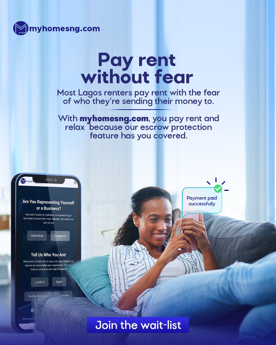 myhomes__'s tweet photo. Find your home. Pay with confidence. 🔐

With myhomesng escrow protection, your payment stays secure until you inspect and approve the apartment.

No disappearing agents. No misleading listings. Just peace of mind.

Join the waitlist:
https://t.co/FIiXtMHIvL https://t.co/JsbfzBFTAs