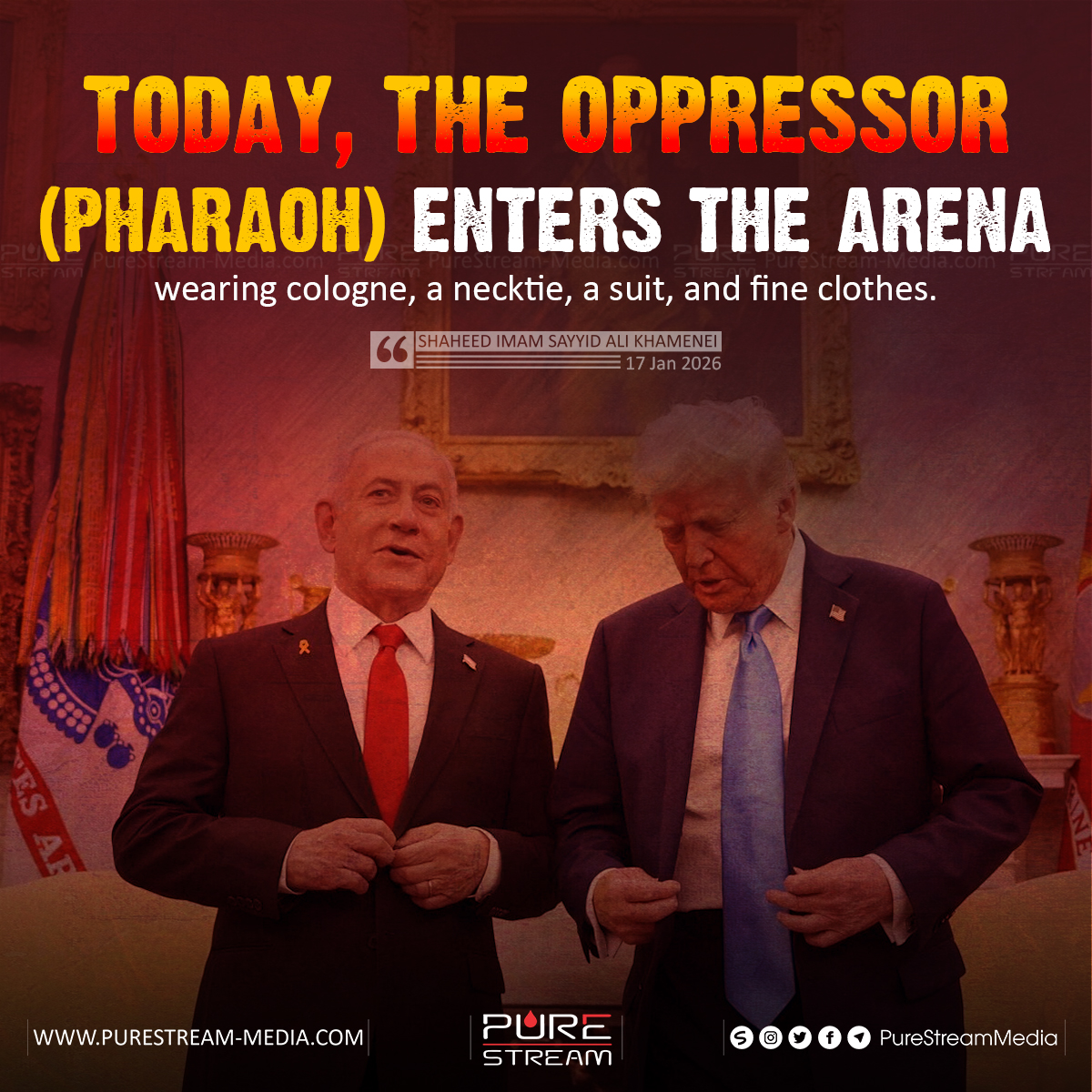 PureStream02's tweet photo. “Today, the oppressor (Pharaoh) enters the arena wearing cologne, a necktie, a suit, and fine clothes."
#PureStreamMedia #ImamKhamenei #Khamenei #ShaheedKhamenei #MartyredLeader #ZionistRegime #Zionist #israel #America #USA #Oppressor #Pharaoh https://t.co/SPikhtOu1s