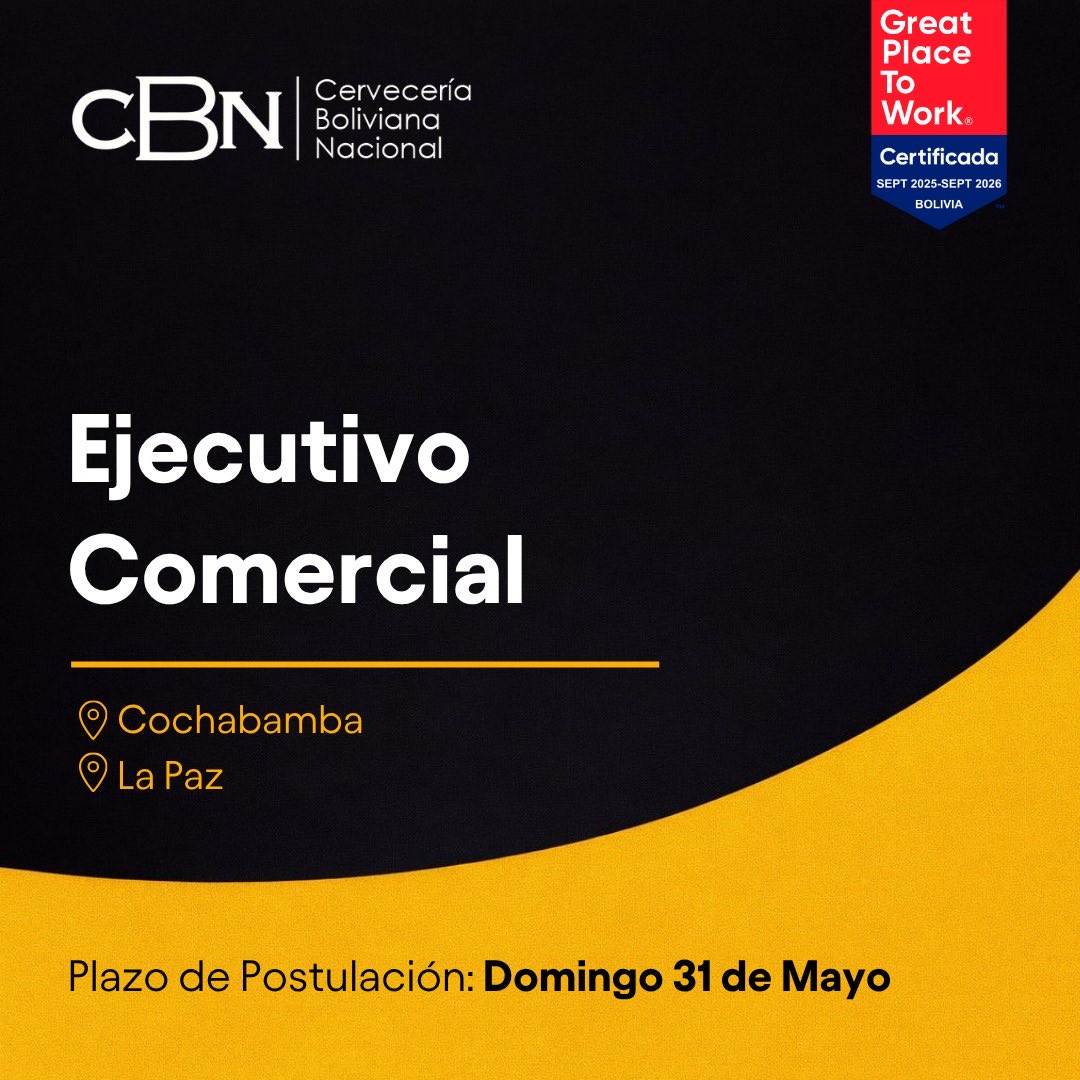 CBN_Bolivia's tweet photo. ¡Forma parte de un Lugar Para Soñar en Grande! 🚀🍻

No dejes pasar esta oportunidad. Tienes tiempo hasta el Domingo 31 de Mayo para postular.

🔲 Ejecutivo Comercial (Cochabamba): https://t.co/GnPvp7TH5g

🔲 Ejecutivo Comercial (La Paz): https://t.co/ca8msNfuiv

#GPTW #CBN https://t.co/G3EpEETUN5