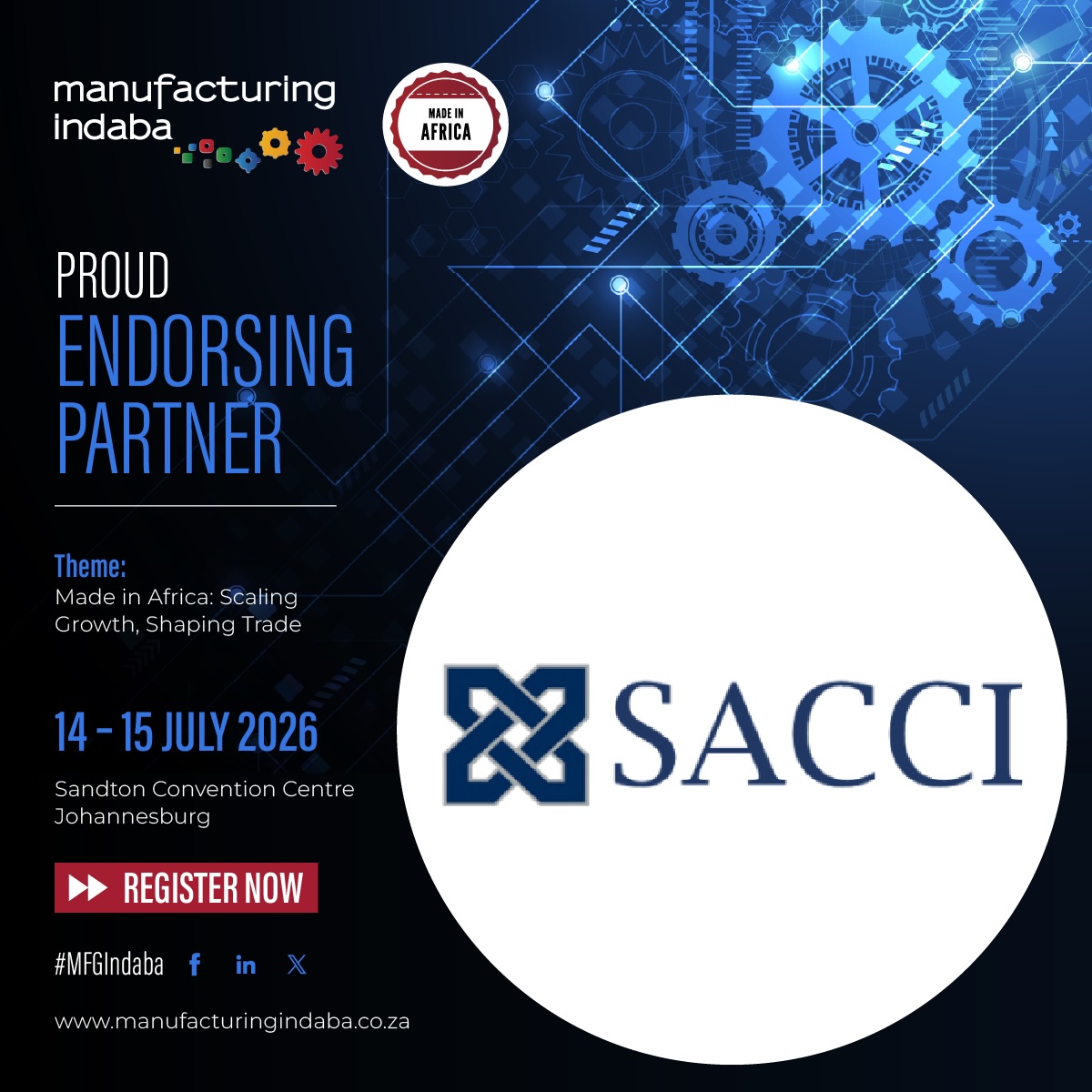 IndabaManufact's tweet photo. Endorsing Partner Announcement: Manufacturing Indaba 2026 proudly welcomes @SACCIza as an endorsing partner.

SACCI is the apex chamber of commerce in the Republic of South Africa that has been in existence for 81 years.

#MFGIndaba #IndustrialGrowth #MadeInAfrica https://t.co/bvvJeZMhwj