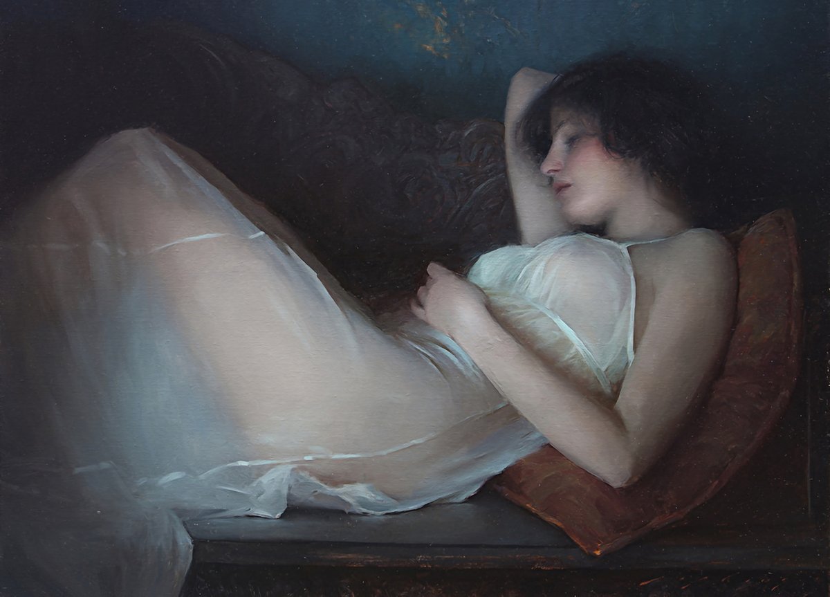 xmuse_'s tweet photo. Lipking painted Reclining in White in 2004, early in his career, when he was really perfecting that soft, natural light he’s known for. 

It’s from the phase where he was still mostly working indoors, keeping things quiet and intimate. 

Just a model, a bit of fabric, and that calm, diffused light he handles so well.