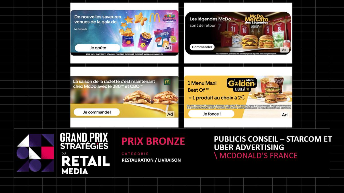 Strategies's tweet photo. GP Stratégies du Retail Media 2026 – Catégorie Restauration / livraison : un BRONZE pour #McDonald's France et @PublicisConseil, #Starcom et #Uberadvertising pour la réalisation « McDonald's France- Faire de la marketplace Uber Eats, un moteur de croissance via le retail media ». Félicitations à eux !
#gpstrat