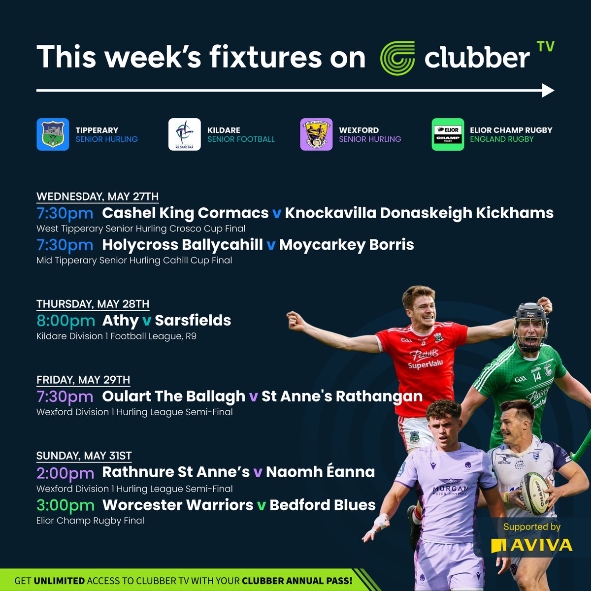 clubber's tweet photo. 📌 This Week's fixtures on #ClubberTV 📌

Crosco and Cahill  Cup Finals, League action from Kildare and Wexford and The Elior Champ Rugby Final 🏆

📺Games are LIVE and EXCLUSIVE on https://t.co/8RTIDVIpju https://t.co/P65ZBlKbfY