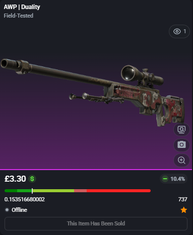 adsyyycs2's tweet photo. Listed today, sold today. One of my most flipped items!

0.15 AWP | Duality
✅FLIPPED✅

➡️Bought for: £2.40
➡️Sold for: £3.30

After fees, that's a total profit of £0.83 (34.75%)🤑💵

#csfloat #cs2 #csgo #counterstrike #skins #trading #flipped #profit #roadto5k https://t.co/i17nobIvkW