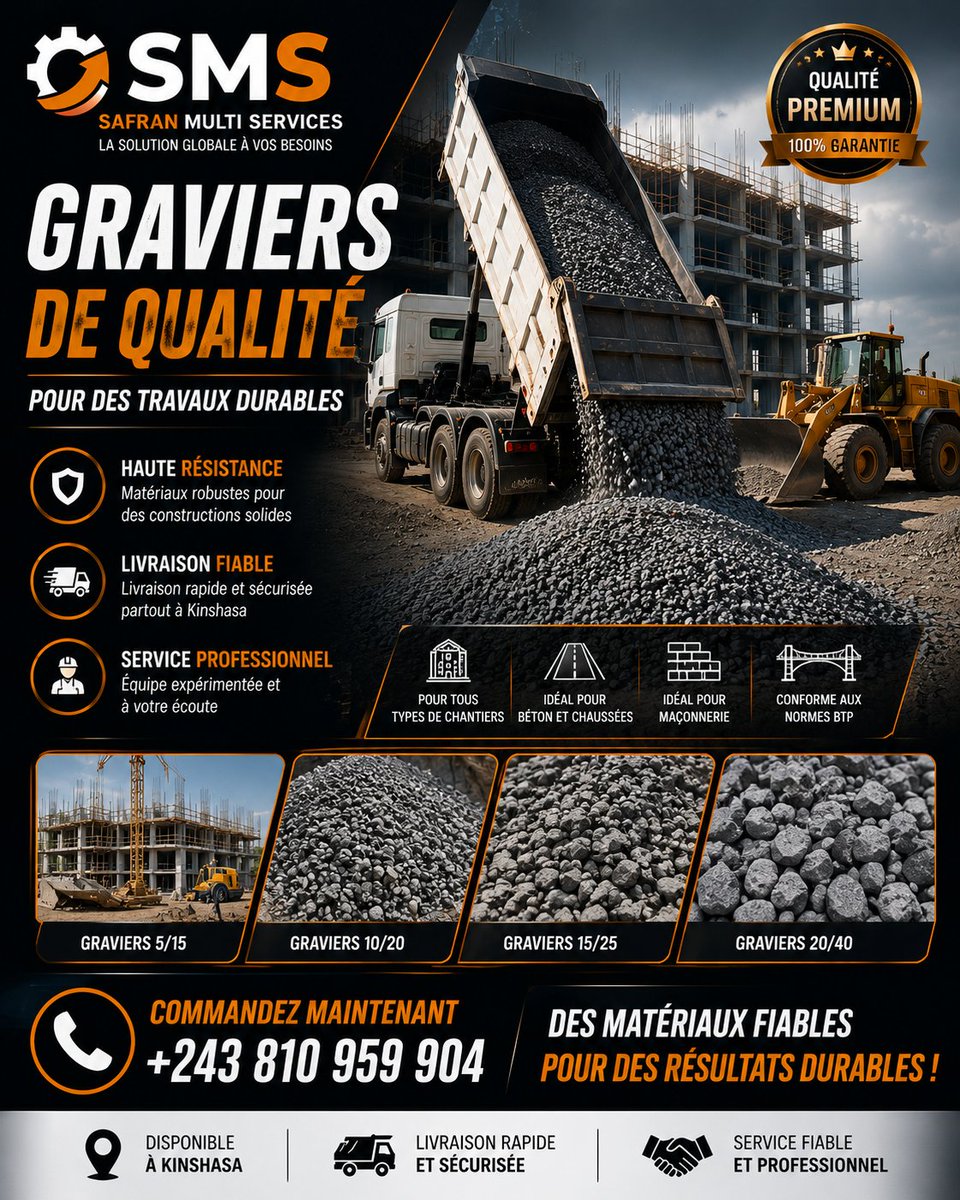 MultiSafran's tweet photo. ⚫Des graviers de qualité pour des constructions qui durent dans le temps.
Avec Safran Multi Services, profitez d’une livraison fiable, d’une résistance supérieure et d’un service professionnel pour tous vos grands travaux.
#SafranMultiServices #Graviers #ConstructionRDC #Travaux https://t.co/rSFTrlpFCP