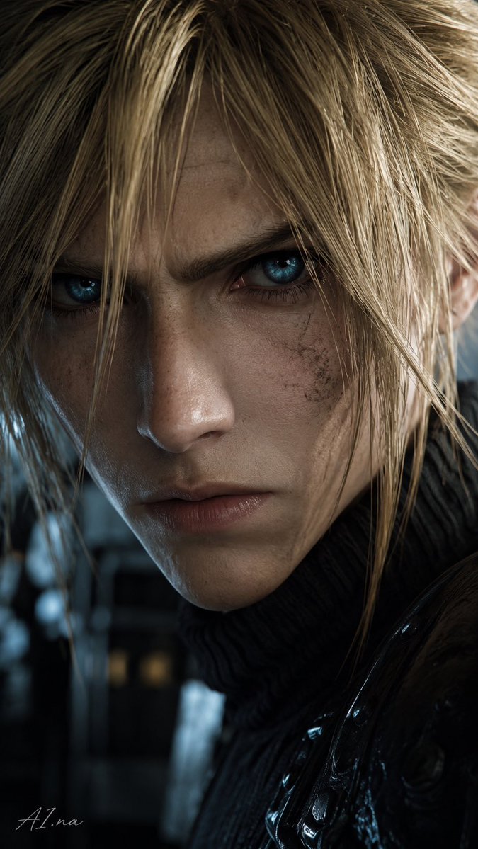 AIna_artmusic's tweet photo. This prompt hits DIFFERENT on FF7 characters.

Cloud alone looks like he walked straight out of a high-budget live-action film.

The eyes.
The texture.
The emotion.
The detail in the skin, hair, and armor…

It keeps the soul of FF7, but makes every character feel cinematic, raw, and unreal in the best way.

If Cloud looks this good, imagine what this same structure does for Tifa, Aerith, Sephiroth, Zack, and the rest of the cast.

FF7 fans… who should be next?
H/t: @redshift_x 
#FF7 #FinalFantasyVII #CloudStrife #AIart #AIna #CinematicAI #GameArt #DigitalArt