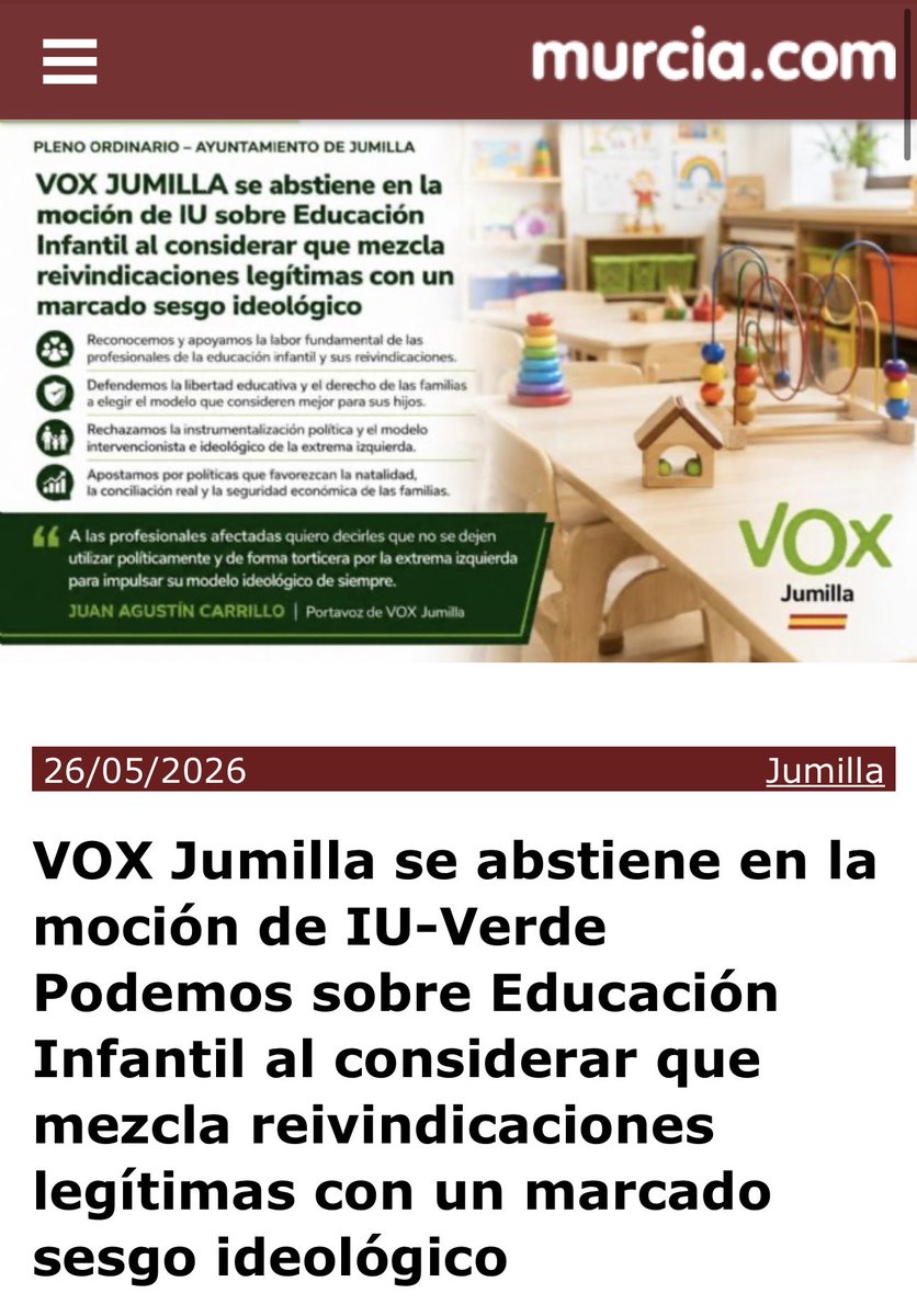 JumillaVox's tweet photo. 📢 ABSTENCIÓN ante la moción ideológica de IU-Podemos sobre Educación Infantil.

Nota de prensa completa 📰🔗👇

VOX Jumilla se abstiene en la moción de IU-Verde Podemos sobre Educación Infantil al considerar que mezcla reivindicaciones legítimas con un marcado sesgo ideológico. https://t.co/YYlqY4uxSZ