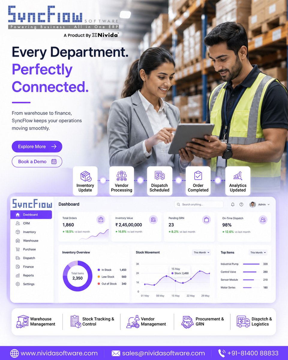 NividaSoftware's tweet photo. 🚀 Streamline Every Department with #SyncFlow ERP!
✅ Real-time stock tracking
✅ Smart vendor &amp; order management
✅ Faster dispatch scheduling
✅ Advanced analytics dashboard
✅ Seamless warehouse operations
📩 sales@nividasoftware.com
🌐https://t.co/MVneIsGoed
📞+91-81400 88833 https://t.co/Qib2pcjwZM