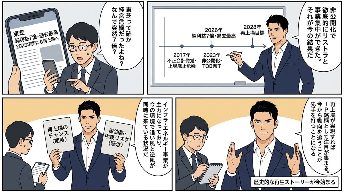 alphasterone_'s tweet photo. 【東芝 純利益7倍・過去最高】

非公開化から3年。
東芝が26年3月期に純利益7倍を達成。
2028年度にも再上場へ。

一方、日本経済の成長率見通しは
イラン情勢悪化で下方修正。

個別銘柄の強さとマクロの重しが
交錯する今週の相場だ。

#東芝 #日本株 #IPO #日本経済
#Investing #Stock #Bloomberg https://t.co/ERUfnEvcak