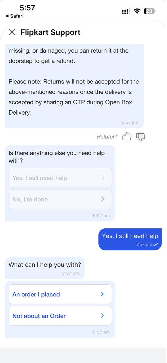 vbasantt's tweet photo. @flipkartsupport 
This is ridiculous!!!
A bot is asking same things again and again i have order a washing machine which was damaged while shipping you guys said please accept the parcel as it was on open box delivery we will provide compens of damage. After than no reply nothing https://t.co/IJDV76M1v0