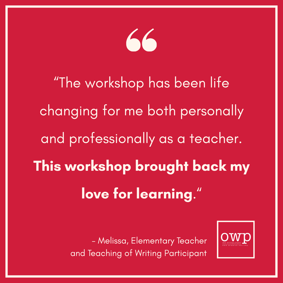 owpmu's tweet photo. 💬 Reignite your love for learning with our Teaching of Writing Summer Institute. There's still time for you to join us this summer! For more info on how to get started, click the link in our bio.

#OWP #ohiowritingproject #writingproject #TestimonialTuesday #teachers https://t.co/XfcDZGTSNW