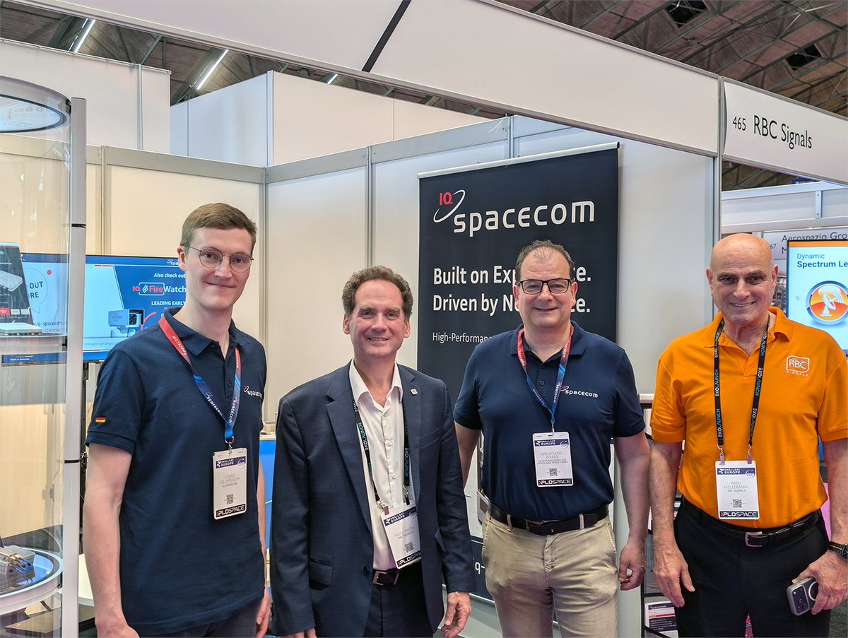 IQspacecom's tweet photo. Great start to SmallSat Europe🌍 At booth 463, our Space Systems Engineer Lukas Felderhoff and Business Development Manager Wolfgang Weber already had the pleasure of catching up with @RBCSignals' President &amp; CEO Ron Faith as well as VP International Business Rani Hellerman. https://t.co/RMrk0BRbhf