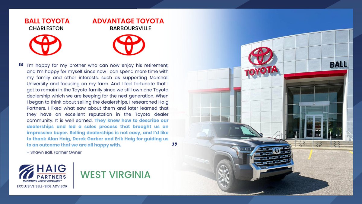 HaigPartners's tweet photo. Shawn and David Ball trusted Haig Partners to guide the transition of their family-owned Toyota dealerships in WV. Their journey reflects the strength of family businesses, the demand for Toyota stores, and the value of expert guidance in decisions that matter most.

https://t.co/ofZTELqZFT