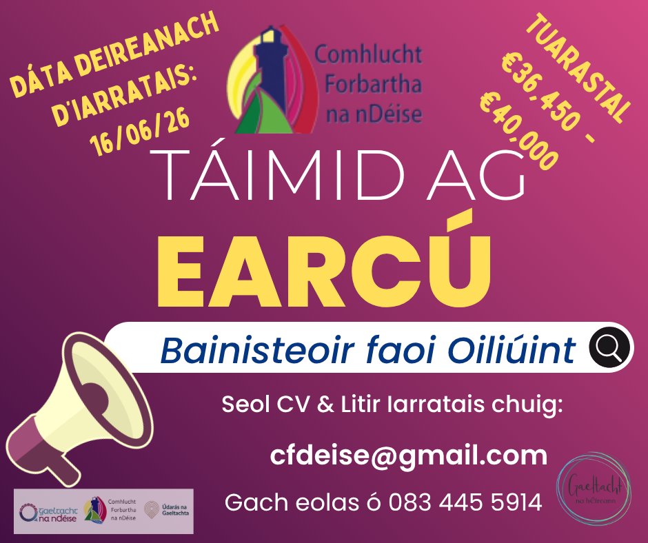 cfdeise's tweet photo. Táimid ag lorg Bainisteoir faoi Oiliuint. Deis iontach é seo chun taithí a fháil ar bhainisaíocht san earnáil Forbartha Pobail. Gach eolas ar fáil ó 083 445 5914 nó thíos. Seol CV &amp; litir iarratais chuig cfdeise@gmail.com roimh 16/06/26. https://t.co/8Y9A9JXSmy https://t.co/SAq3wgu8P7