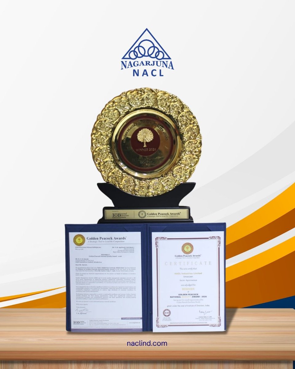 NaclIndLtd's tweet photo. 🏆 NACL Srikakulam Plant has received the prestigious Golden Peacock National Quality Award 2026 by IOD India at the National Conference on Business Excellence &amp; Leadership in New Delhi. 🌱 A proud milestone in our journey of excellence! #QualityExcellence #NACL https://t.co/uzSaKF7RQN