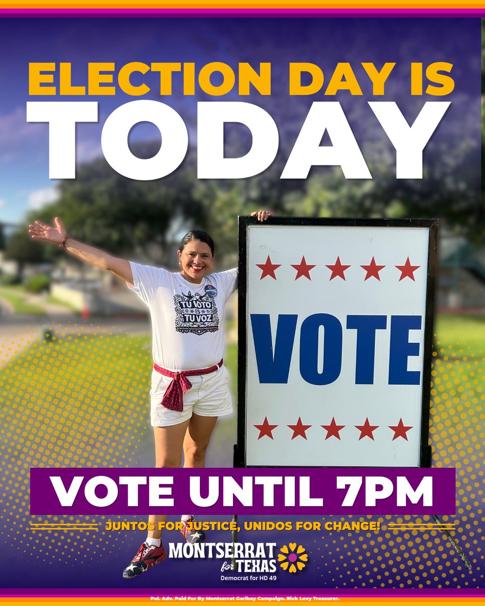 MontserratforTX's tweet photo. 📢 It's Election Day. Polls just opened and people all across our community are voting.

Today is the day HD 49 gets to send a fighter — a teacher, an organizer, the first Latina Secretary-Treasurer of the Texas AFL-CIO, the woman who helped a million public service workers get their student loans forgiven.

Montserrat has spent her whole life being bold. Today, we get to send her to the Texas House of Representatives. We are all more powerful when we use our power and vote.

Polls open until 7pm | 🗳️ Find the nearest polling location link in bio 

#Vote #BoldLeader #organizer #TuVozTuVoto #YourVoiceYourVote