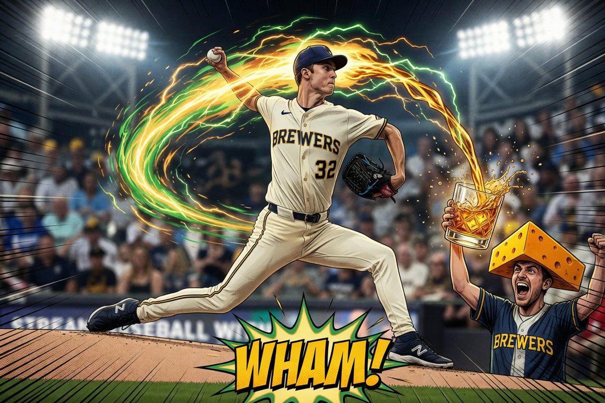 WiscoNeat's tweet photo. Misiorowski just unleashed 57 pitches at 100+ MPH, 12 Ks, and nearly no-hit the Cardinals in a 5-1 Brewers win. Brewers at 31-20 leading the Central already. Wisconsin, you buying the hype or waiting for the usual September rug-pull? Agree or disagree? 🥃 #WiscoNeat https://t.co/iDaET4p3z1