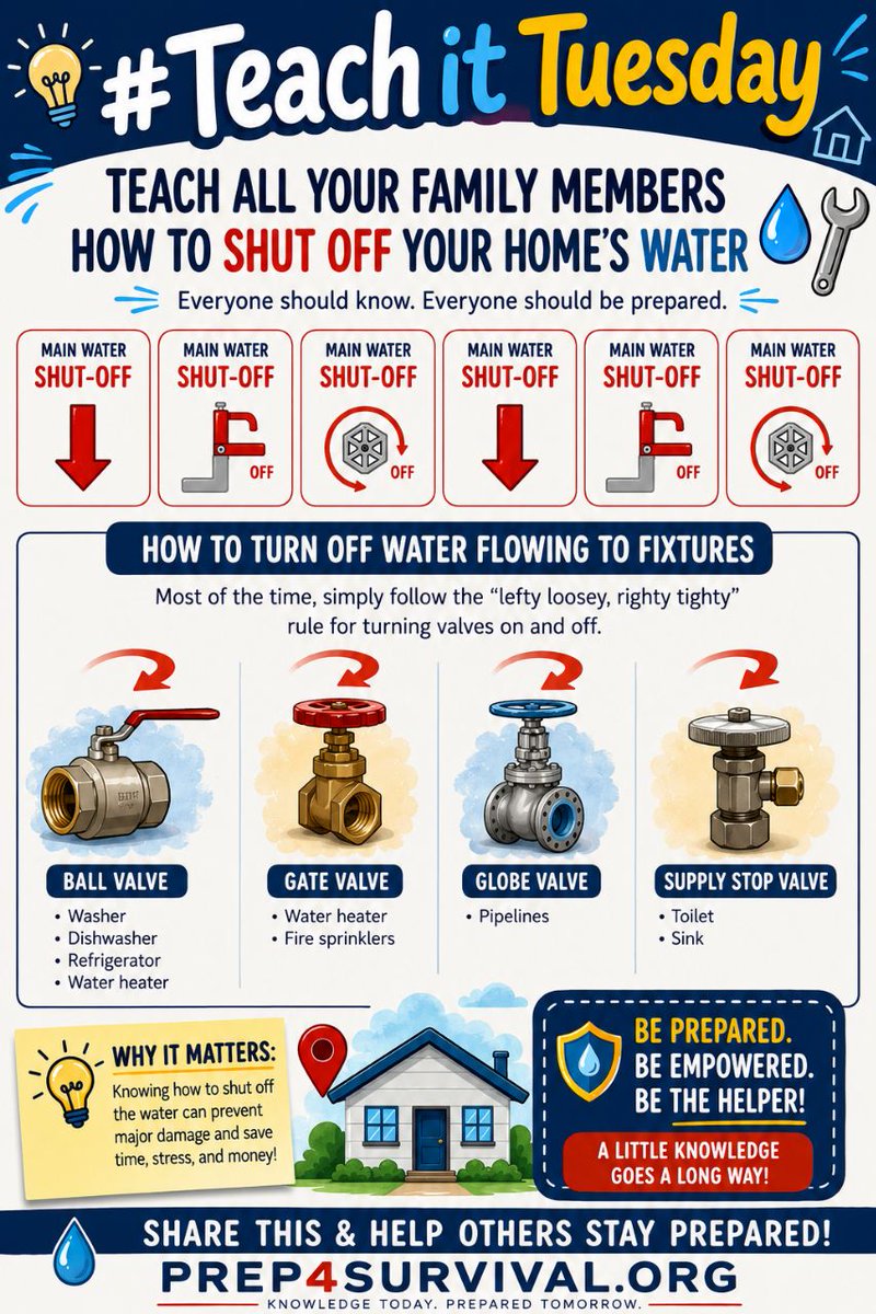 prep4_survival's tweet photo. Most people don’t know how to shut off their home’s water until it’s too late.

A burst pipe can turn into thousands in damage FAST.

Could everyone in your house shut the water off in an emergency… or just you?

Tonight’s 5-minute lesson could save your home, your time, and your wallet.

Teach it. Practice it. Pass it on.

Who in your family already knows where the main shut-off valve is? 👇
https://t.co/I5wbjxQCO2