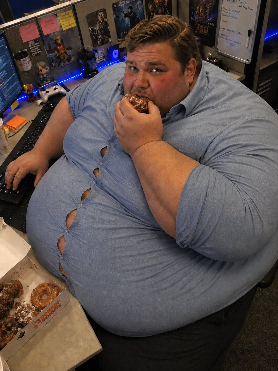 morirenasmenage's tweet photo. "M-more donuts?" he bleats. "But I can't! I shouldn't!" You open the box. The same one you've been bringing to his desk every day for the last two years. He was such a fitness buff back then. Skinny little health freak. "But you can," you reply with a smile. "And you will!" https://t.co/lWK8Ha9Nf3