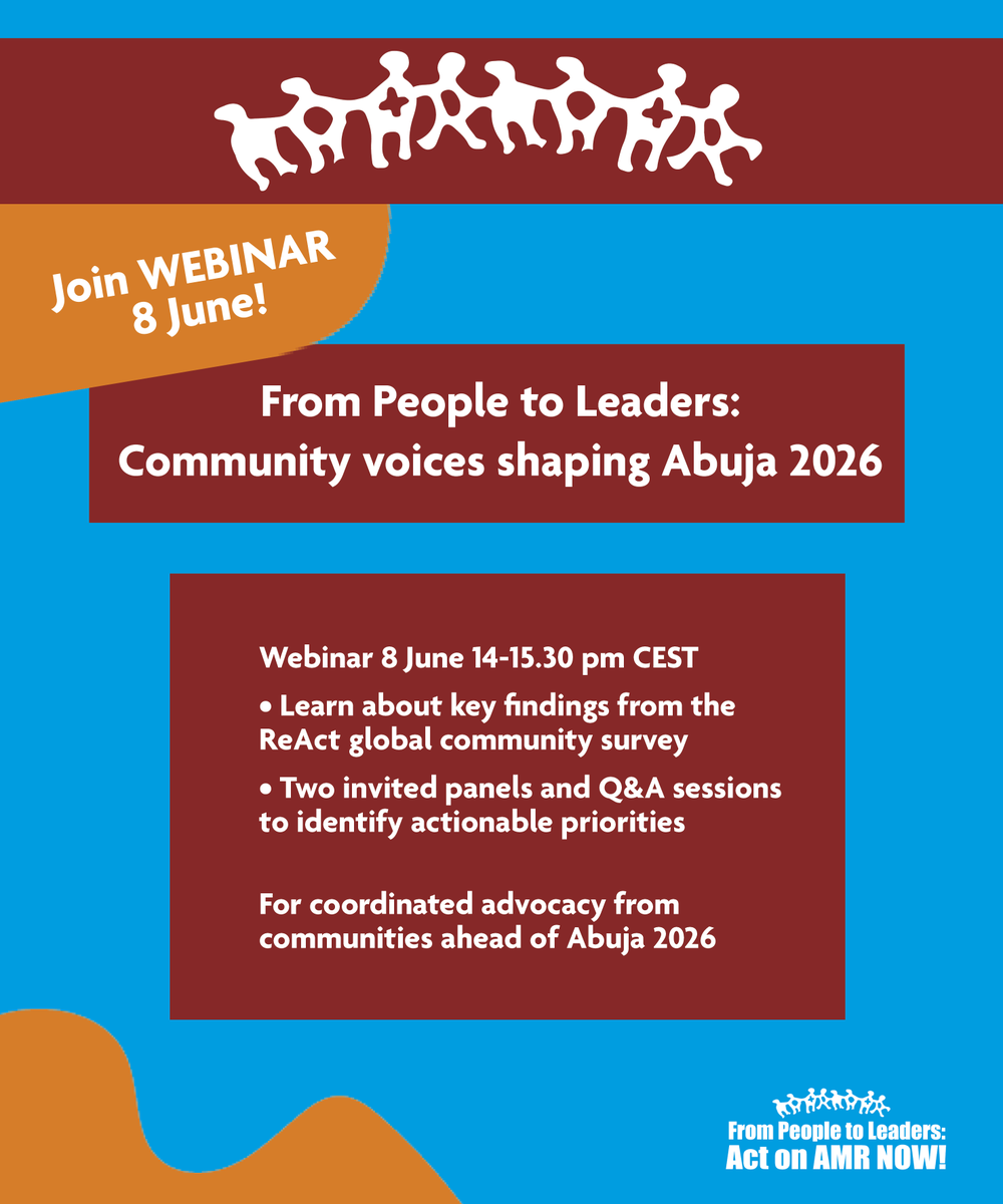 reactgroup's tweet photo. JOIN OUR WEBINAR! 
From People to Leaders: Community voices shaping Abuja 2026

📅  Monday 8 June
⏲️ 14-15.30 CEST

Together, we will look ahead to the 5th Global High-Level Ministerial Conference on AMR in Abuja, Nigeria. 

▶️ We will present findings from ReAct’s global community survey 
▶️ There will be two panel discussions:
How community voices can help drive stronger action on antibiotic resistance
▶️ There will be discussions and Q&A!

Warm welcome to join! 

Learn more and register here ⬇️ 
https://t.co/wB8wPHVjoN

Register directly  ⬇️ 
https://t.co/B5K5vejVCI