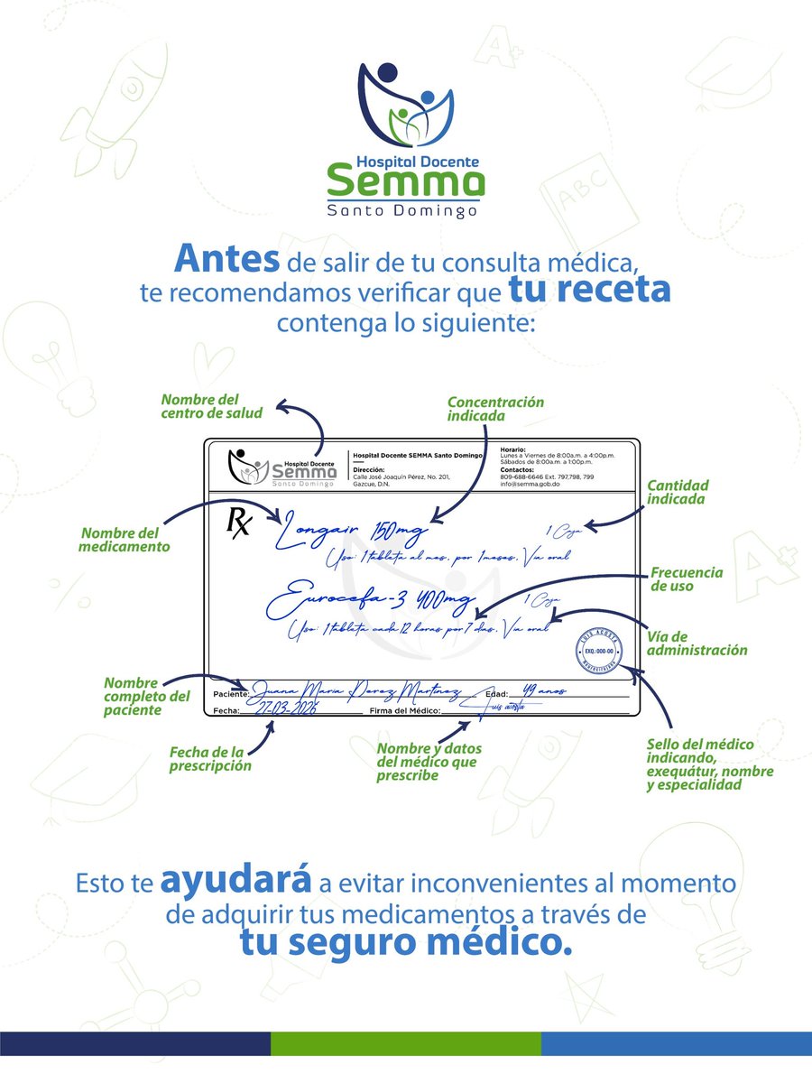 HospitalSemmaSD's tweet photo. Antes de salir de tu consulta médica, asegúrate de revisar que tu receta esté completa 📝

Verificar datos como el nombre del medicamento, dosis, frecuencia, vía de administración, así como la información del paciente y del médico, te ayudará a evitar inconvenientes. https://t.co/OGY9k5YVlm