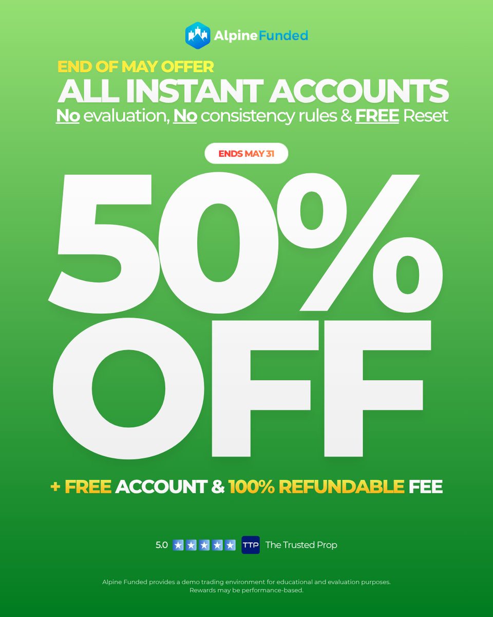 AlpineFunded's tweet photo. ⚡ End of May Special - Limited Time

Rising volatility, rising temperatures, and our hottest Instant Funding offer yet.

🔥 50% OFF ALL Instant Funding Accounts
⚡ FREE 100% Refundable Fee Add-On (normally +20%)
🎁 FREE Extra Account of the same size
🛡️ FREE Reset for any rule violation

✅ No Evaluation
✅ No Consistency Rule
✅ Up to 100% Profit Split
✅ MT5 & cTrader

⏳ Ends May 31 - 23:59 UTC

Get Funded 🔗 https://t.co/4jQOrvEhXW