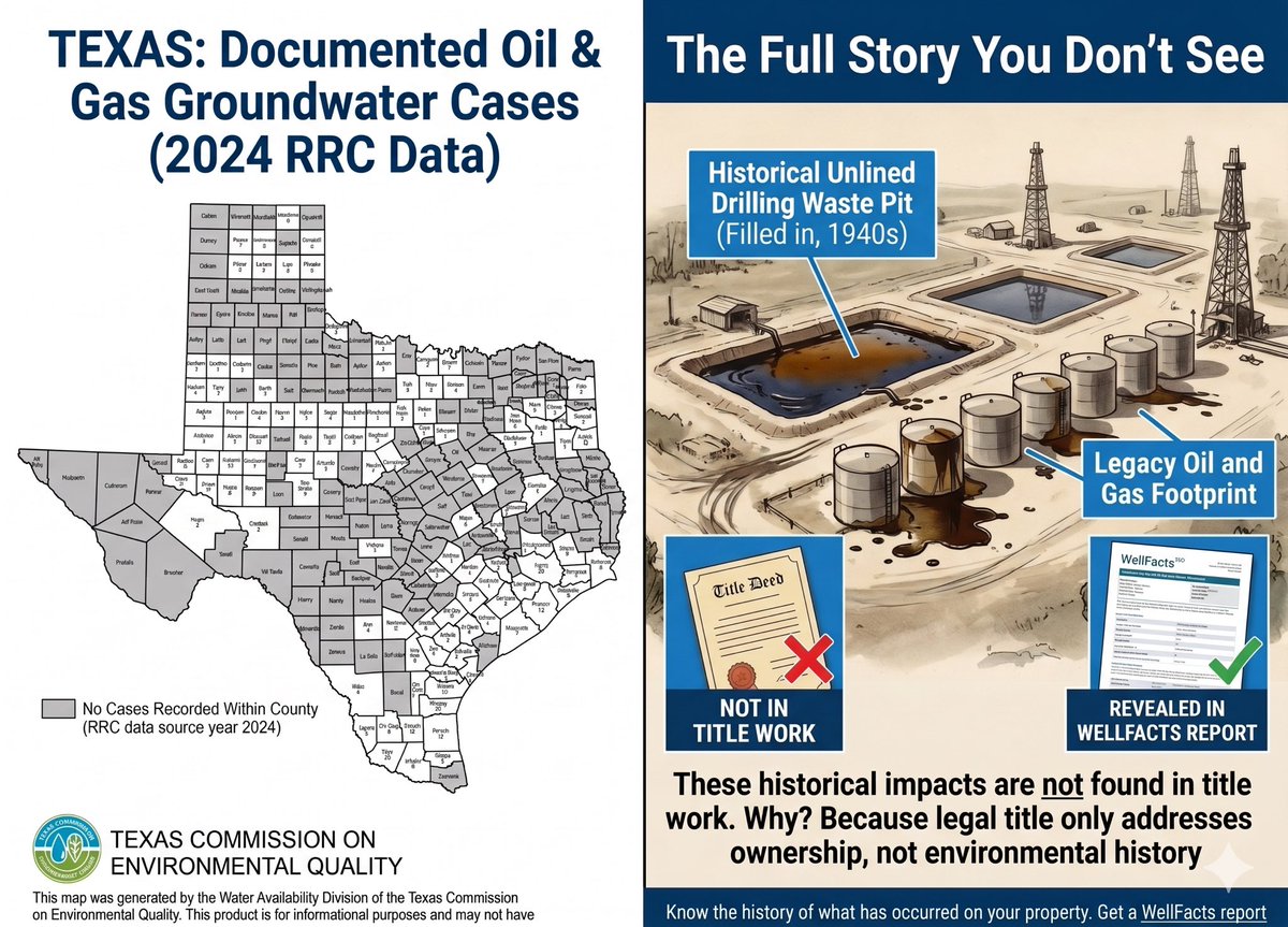 WellFacts2022's tweet photo. 🚩 Title work tells you who owns the land. #WellFacts tells you what happened to it.

This map only shows known groundwater contamination cases in Texas. It doesn’t show the thousands of “hidden” legacy pits and historical spills buried decades ago.

#TexasOil #LandownerRights https://t.co/RjwgKU0qJ8