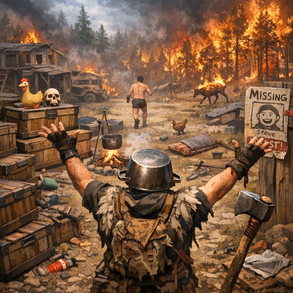 kingdadjoke's tweet photo. Every survival game starts with:

“we should build a small safe base”

3 hours later:

17 storage boxes full of junk
no food
one guy missing
entire forest on fire

How does EVERY group end up like this 💀
#GamingCommunity #SurvivalGame https://t.co/hd5qgFbhqD