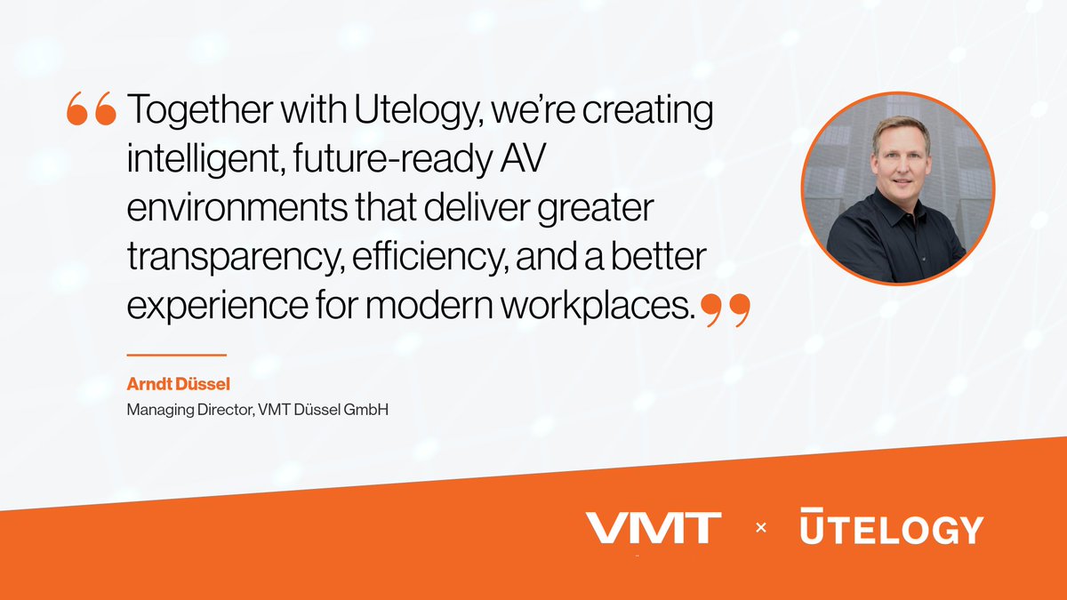 utelogy's tweet photo. 🤝 We’re proud to welcome VMT Düssel to the Utelogy partner network.

Together, we’re helping organisations create more intelligent, scalable AV and UC environments with greater visibility, automation, and operational control.

#AVTechnology #UnifiedCommunications #Partnerships https://t.co/RmvVRWGLh1