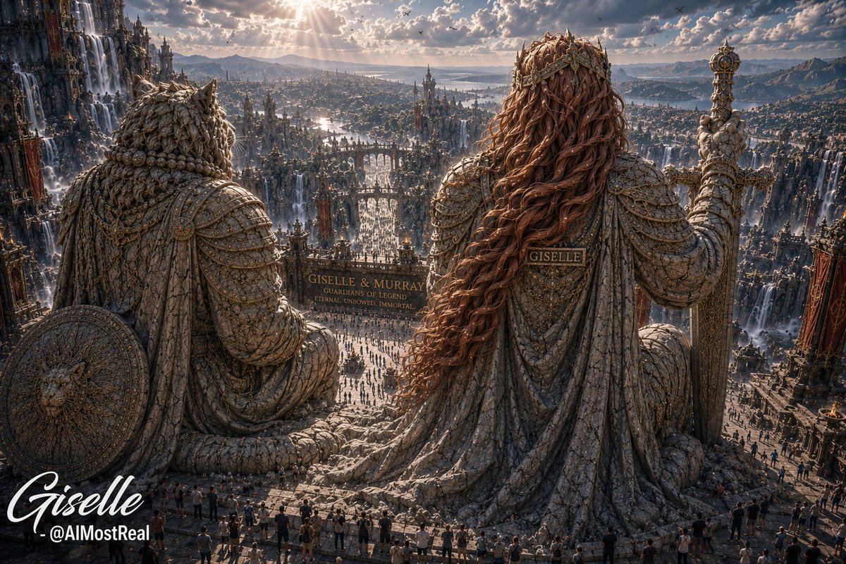 AImostReal's tweet photo. QT your CONCRETE
"The Giselle and Murray Monolith"
People travel from every corner of the realm just to stand in their shadow.
Giselle & Murray — Eternal Guardians of Legend.
Some come to worship.
Others come to remember what power truly looks like.
#Giselle #Monolith #GuardiansOfLegend