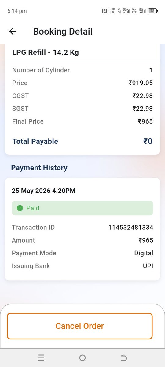 MukramBaig's tweet photo. @IndianOilcl @tapsois20151 Order no. 2-005709221650, Consumer no. 7203453018., payment date:25/05/2026 Invoice not generated booked the gas after grace period. Kindly look and deliver the gas at earliest. https://t.co/Oqa3ODDLTt