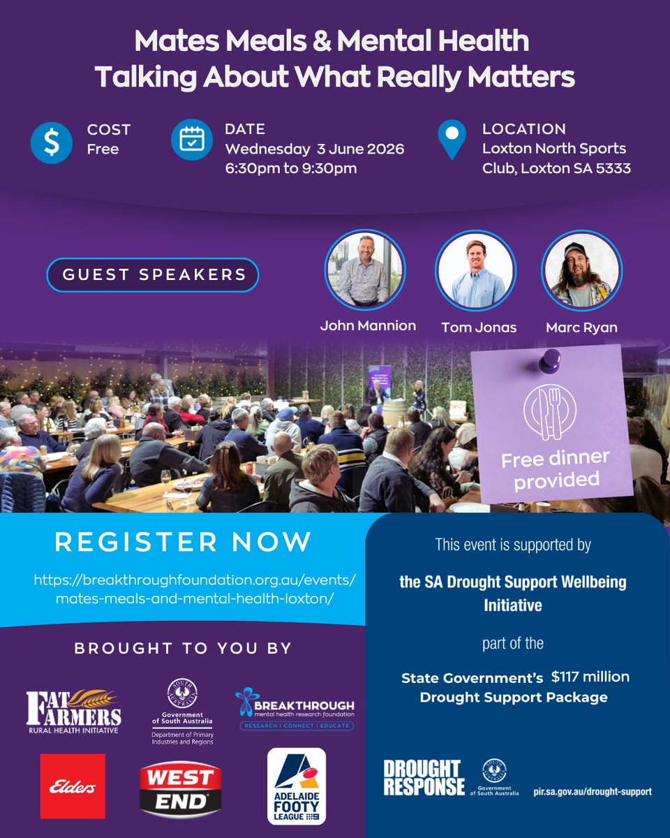 MsfMallee's tweet photo. 💙 Some conversations can change a life!

Join @fat_farmers and your community for an evening focused on what really matters — connection, wellbeing and mental health in our rural communities.
Hear powerful stories and insights from guest speakers:
🎤 John Mannion
🎤 Tom Jonas
🎤 Marc Ryan
📍 Loxton North Sports Club
📅 Wednesday 3 June
🕡 6:30pm – 9:30pm
🍽️ Free event and meal provided
✅ Registration is essential: https://t.co/s1Pi0o0Bbf

#MentalHealth #RuralCommunities #CommunityConnection #StartTheConversation