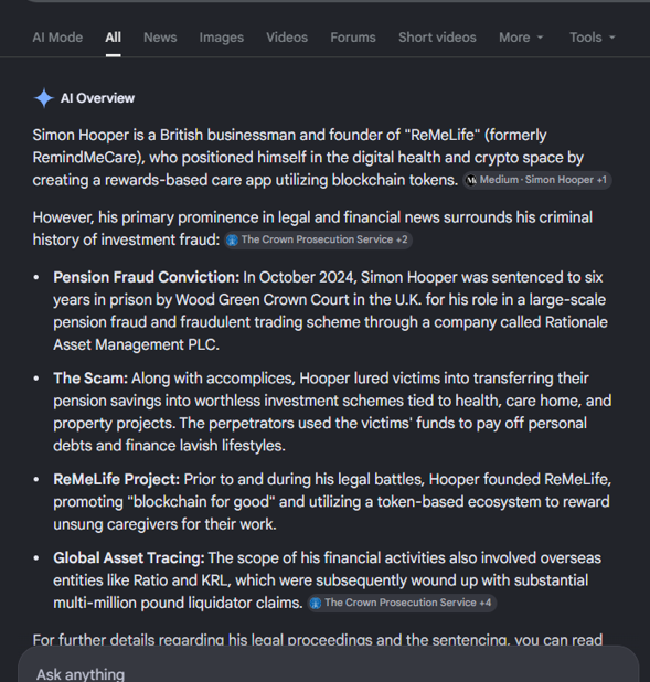 MyReMeLife's tweet photo. That’s what has happened to me and ReMeLife. Google AI calls me a fraudster, now serving a prison sentence! Not what prospective investors and users want to see. We've delayed our launch. We stayed silent on legal advice while building our case — that silence now ends. https://t.co/CLg39keR6q