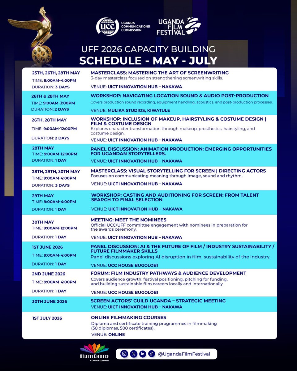 ConsumerUCC's tweet photo. The @UgandaFilm 2026 Capacity Building Week is here,and this is your chance to step into the world of film and storytelling. From screenwriting, directing, casting, makeup & costume design, sound production, animation, AI in film, to filmmaking courses, these trainings are designed to equip the next generation of Ugandan creatives with real industry skills.Only a few slots left so don’t miss this opportunity to learn from industry professionals https://t.co/VFEG1hwimV  #UFF2026 @cinemaUGApp @UCC_Official