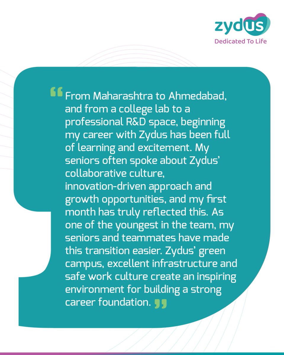 ZydusUniverse's tweet photo. Every successful career starts with a first step.

From academia to industry, Sanjana’s journey at Zydus has been shaped by learning,
mentorship and a culture that empowers young talent to grow and thrive.

#Zydus #ZydusGroup #GrowingWithZydus #LearningAndGrowth #WorkCulture https://t.co/YZZwXKTaa0