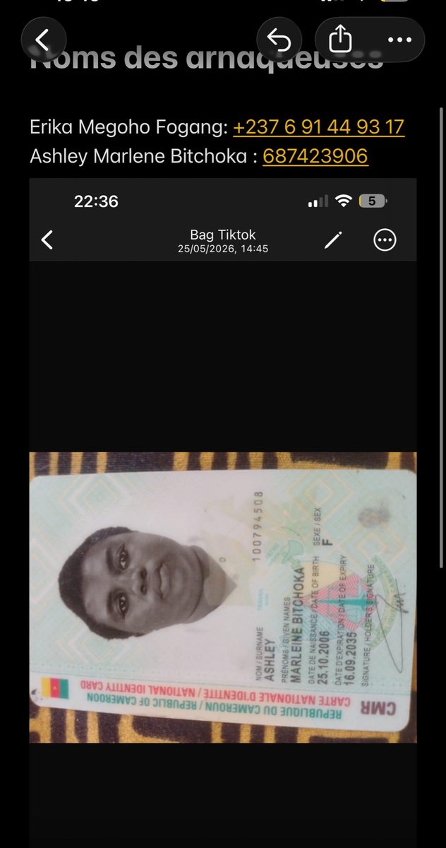 StClaimee's tweet photo. Bon j’ai eu ma confirmation que c’est une arnaqueuse. 
Voilà le compte TikTok où j’ai eu le numéro. 
Sur la deuxième image il y’a tout d’abord le numéro WhatsApp et ensuite le numéro OM. 
La troisième image c’est le numéro du soit disant chauffeur de Dla pour yde. https://t.co/twxakBaBcr