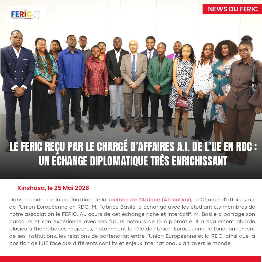 JonathanNzapa's tweet photo. #ÉchangeDiplomatique | #AfricaDay 

Le @Fericofficiel a été reçu par M. @basilefabrice9, Chargé d’affaires a.i. de l’Union Européenne en RDC 🇪🇺 🇨🇩.

#Diplomatie #FERIC #CoopérationAuDéveloppement
#RelationsInternationales #UE #Paix #Sécurité https://t.co/MAFk3RxtNc