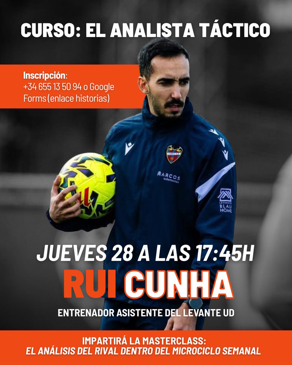 EliteSport_INFO's tweet photo. 🎓 MASTERCLASS | RUI CUNHA ⚽

Este jueves 28 a las 17:45h contaremos con @Rui43324 entrenador asistente del #LevanteUD, dentro del curso “El Analista Táctico”.

“El análisis del rival dentro del microciclo semanal”

📲 Inscripción/info:
+34 655 13 50 94
https://t.co/KmRETLXa1V https://t.co/MFYnOJ8xEK