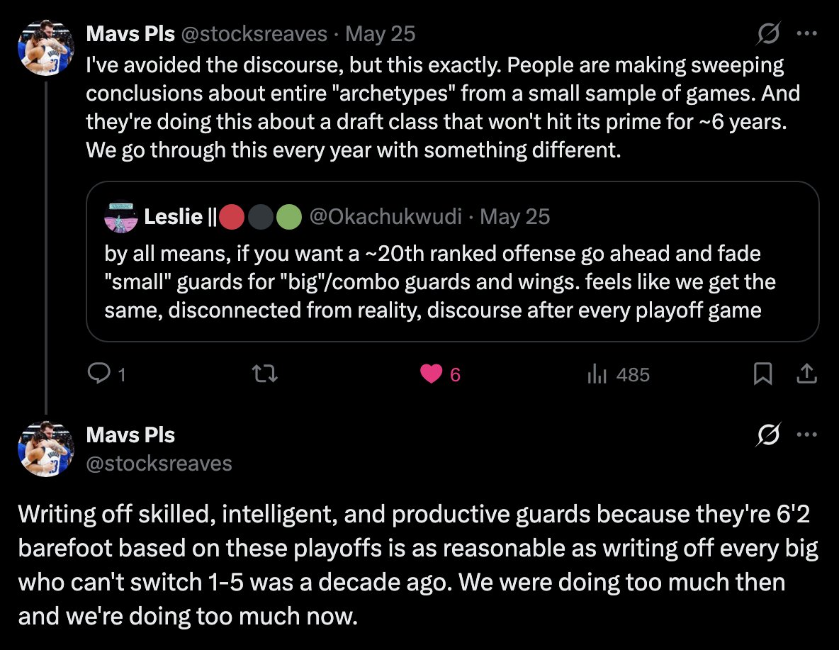 TheFlarescreen's tweet photo. @j_d_cummings @spacebarNBA Ultimately comes down to these tweets (@stocksreaves). "Small" guards' def. translation from RS -> PS might not be the best, but their TOV economy is invaluable.

The cognition/handling skill - size/tools spectrum is a moving scale; completely writing off one group isn't right. https://t.co/7s6l8UiOl1