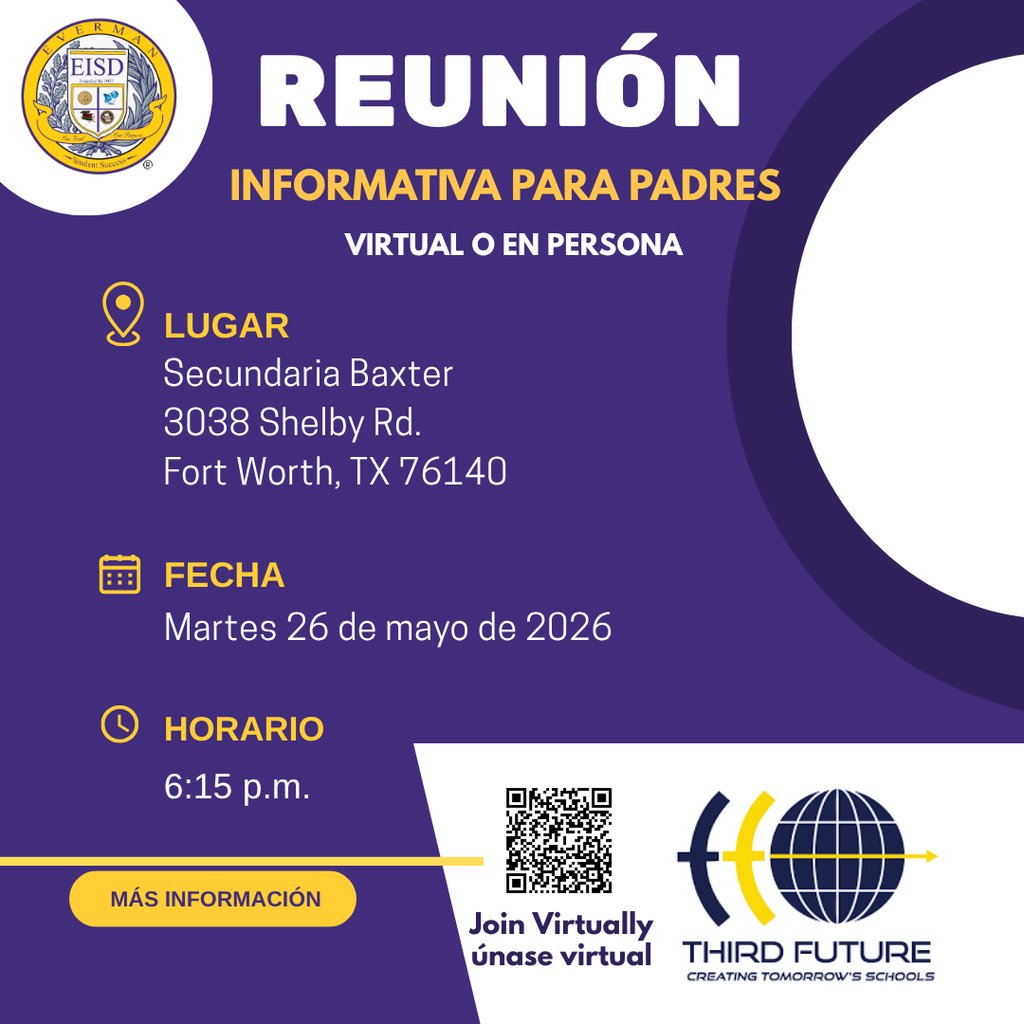 EvermanISD's tweet photo. Parents and families are invited to join us for an important informational update and town hall discussion.

Attend in person or online for your convenience. 
Tuesday, May 26, 2026, at 6:15. https://t.co/hkawjFfI70