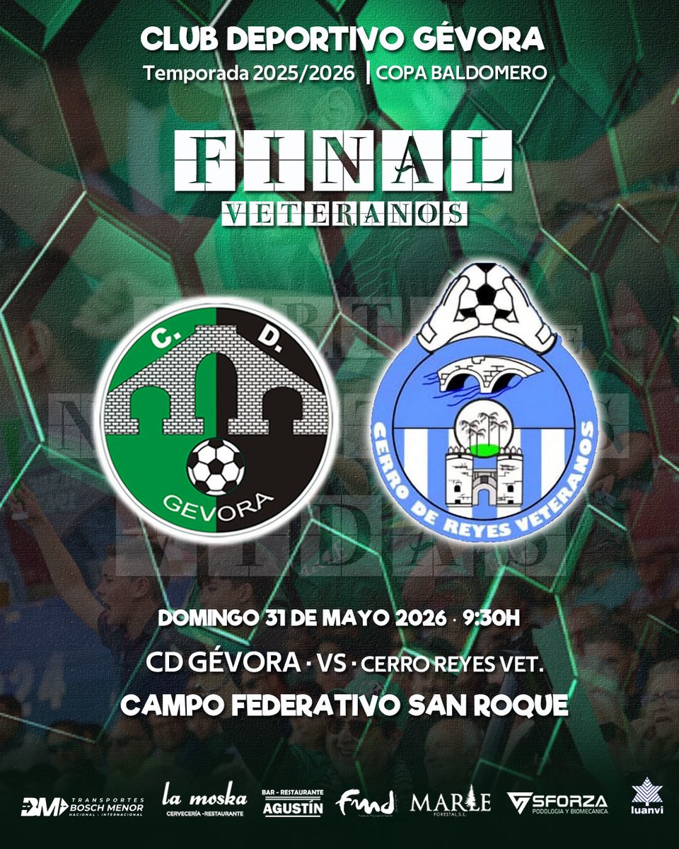 CdGevora's tweet photo. 🔹𝐕𝐄𝐓𝐄𝐑𝐀𝐍𝐎𝐒 | 𝐂𝐎𝐏𝐀 𝐁𝐀𝐋𝐃𝐎𝐌𝐄𝐑𝐎 

📌 Final  
🆚 Cerró Reyes Veteranos   
📆 Domingo 31 de mayo 
⌚️ 9:30h  
🏟️ Campo Federativo San Roque

#VeteranosCDG 
#CDGCRV https://t.co/UeEJOPV7e7