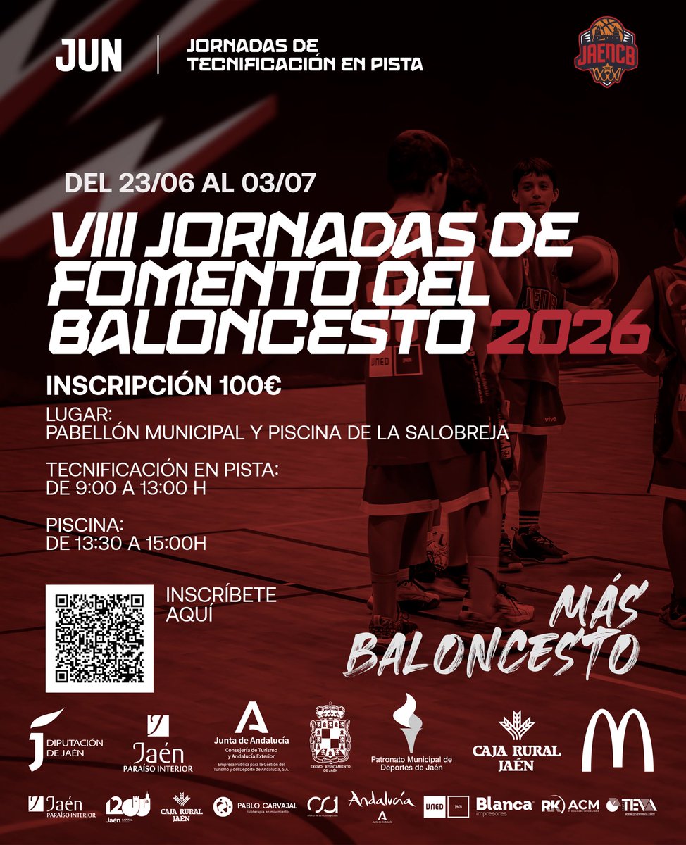 jaen_cbcantera's tweet photo. | JORNADAS DE TECNIFICACIÓN |

🏀 Abiertas las inscripciones para las VIII Jornadas de Tecnificación en Pista 2026.

📅 Del 23 de junio al 3 de julio
📍 Pabellón Municipal y Piscina de La Salobreja
⏰ Tecnificación en pista: de 9:00 h a 13:00 h
🏊 Piscina: de 13:30 h a 15:00 h https://t.co/6gxHBDZiDf