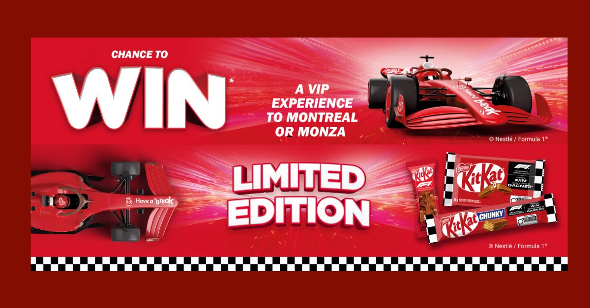 SnippInc's tweet photo. Nestlé has launched a new Formula 1 contest for KitKat fans. 
Consumers can purchase qualifying products, upload a receipt, and enter for a chance to win a trip to the Montreal or Monza Grand Prix, plus instant-win prizes. https://t.co/fEcZ5et8Cm https://t.co/Bv1mdQOtwr